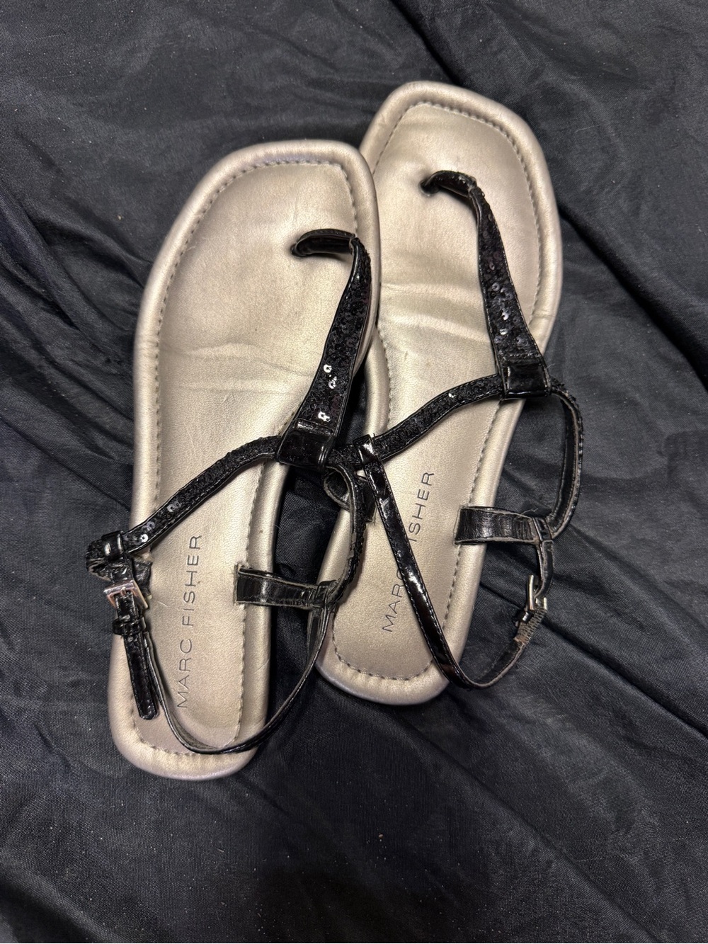 Marc Fisher Black Sequin T-Strap Flat Sandals